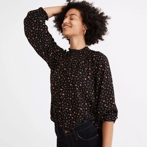 Madewell Smocked-Neck Ruffle Top in Stem Scatter Black Sz XS